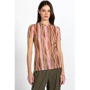 Johnny Was Eleanor Striped Mesh Crew Neck T-Shirt Top Brown Women's Size Small